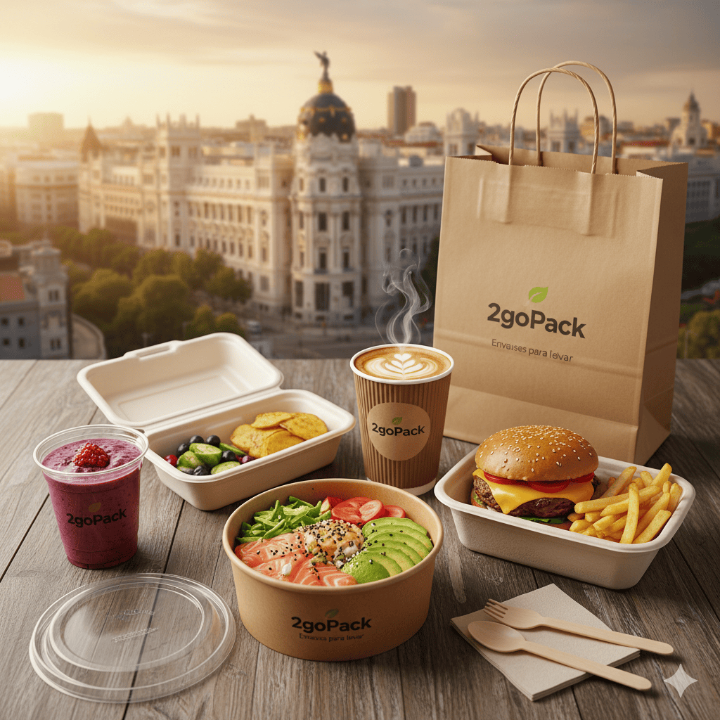 Surtido de envases para delivery de 2goPack con poke, hamburguesa y café, sobre una mesa con el skyline de Madrid de fondo, representando el packaging para hosteleria