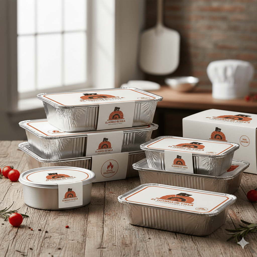 Packs de envases de aluminio apilados de diferentes tamaños (rectangulares y redondos) con tapas y etiquetas personalizadas con el logo de un restaurante de Madrid. Envases aptos para horno y delivery